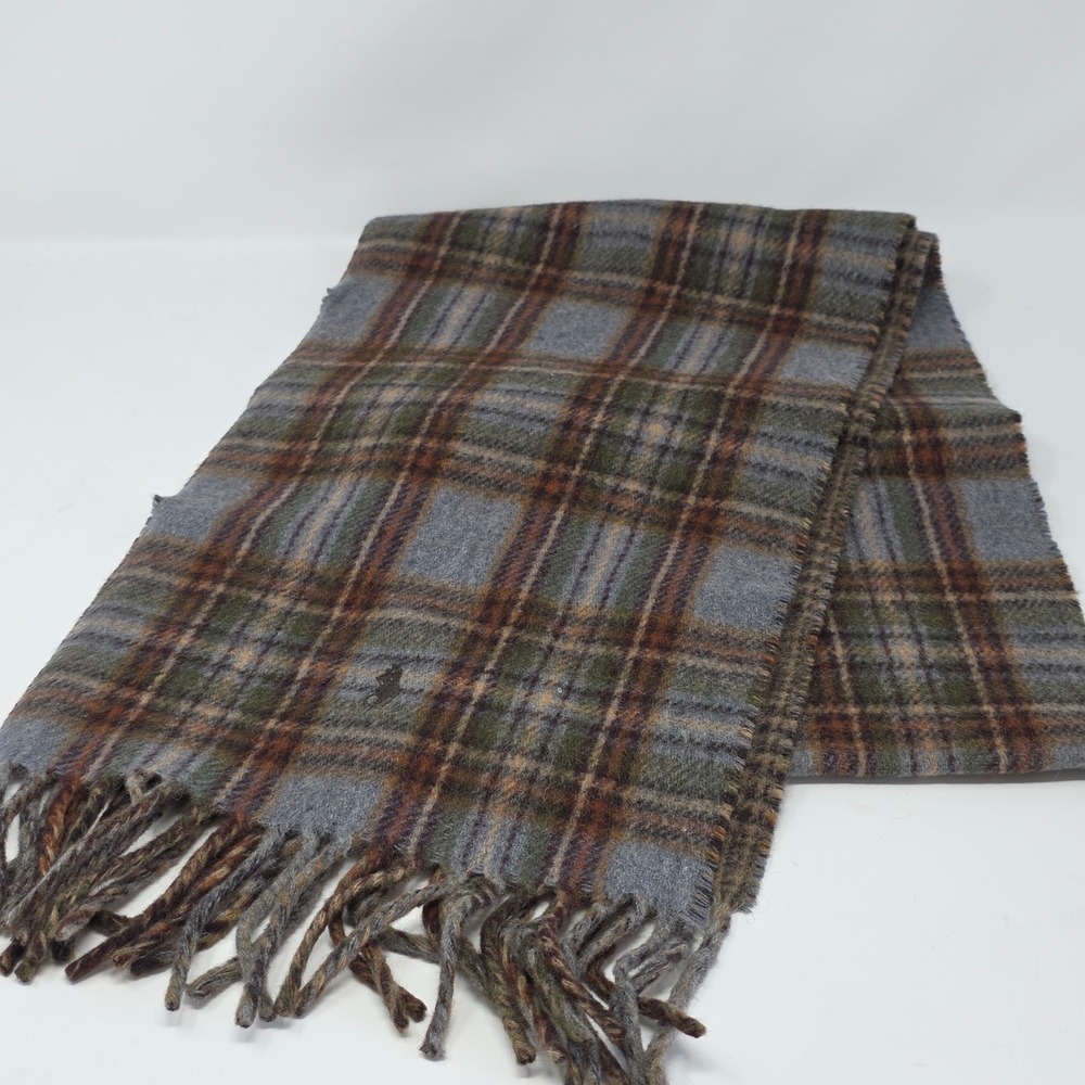 Polo Ralph Lauren Plaid Lambswool Scarf Grey Brown Fringed Made in Italy
